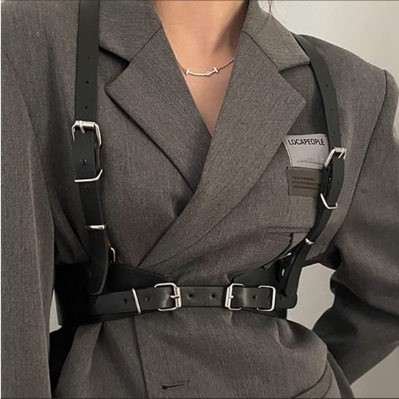 - Harness Belt Black Leather Goth Rave Adjustable *NEW*